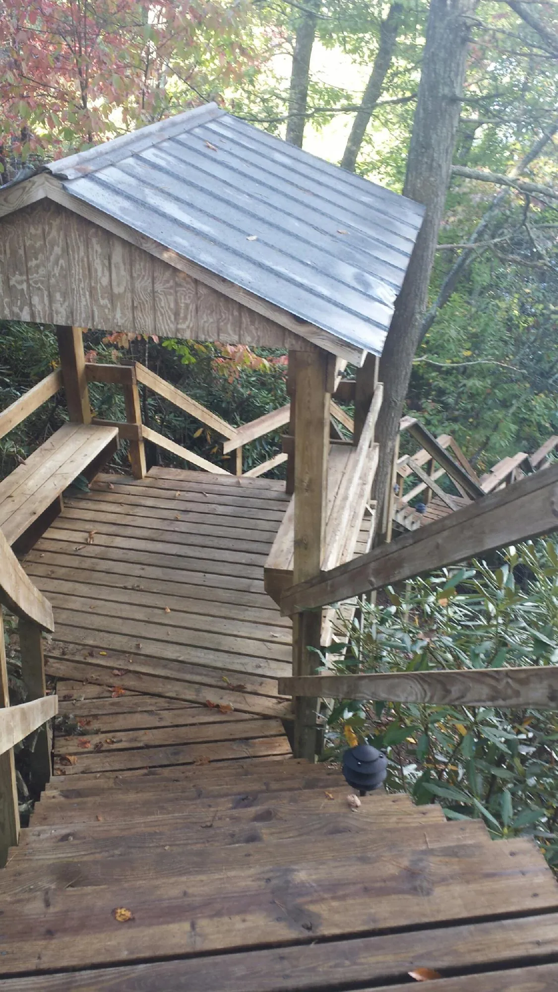 Metal roofed shelter over wooden steps on a wooded walkway — Skylight Repair & Installation work by our crew in Farmdale